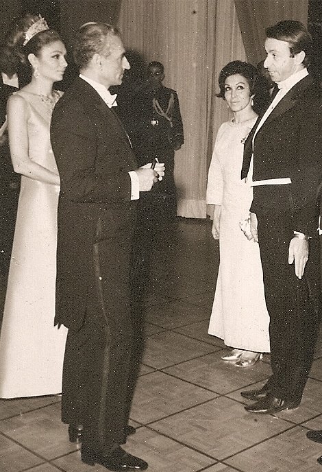 Robert de Warren and Haideh Ahmadzadeh conversing with the Shah and Empress Farah at the Roudaki Hall Opera. 1967.
