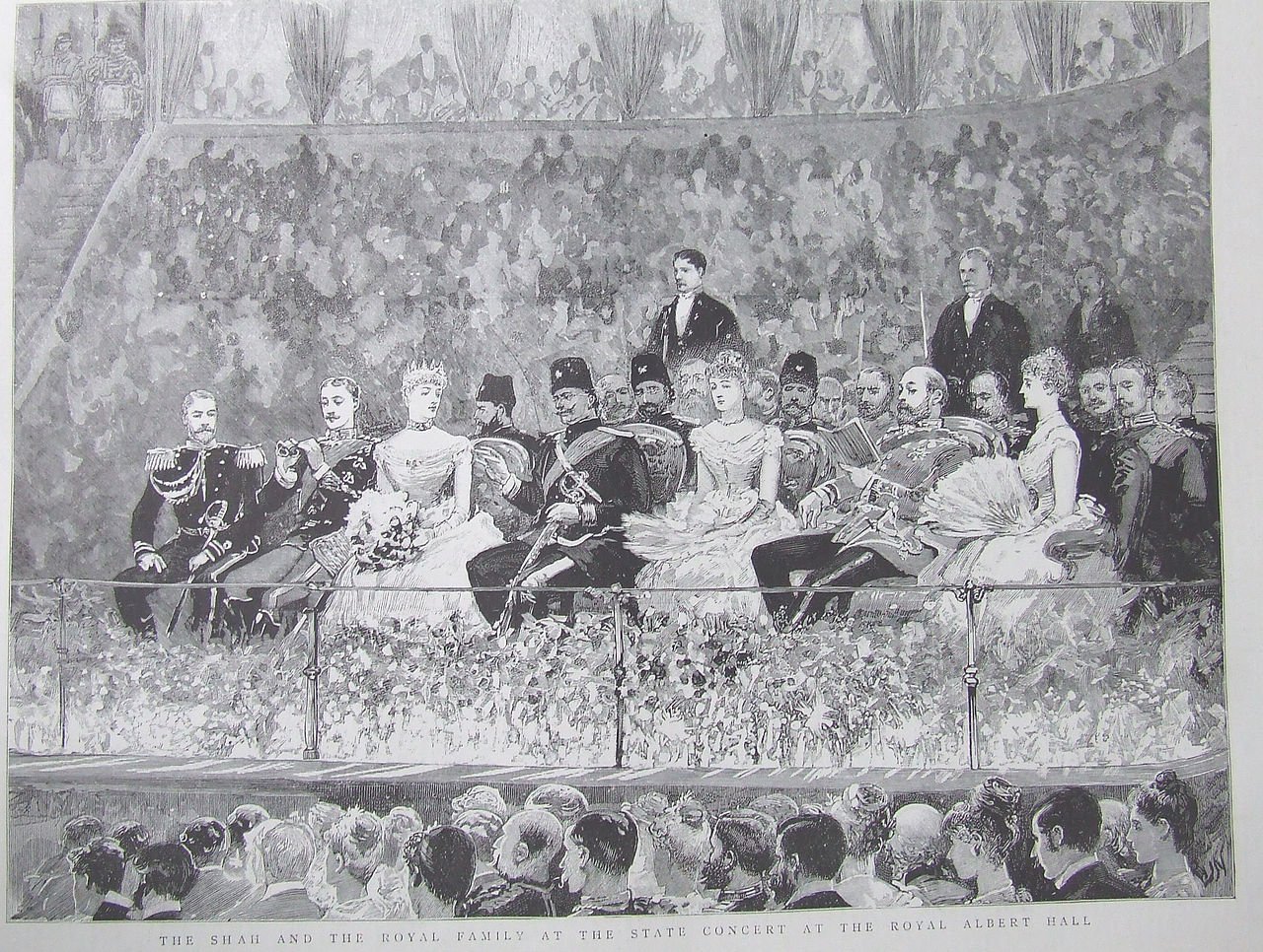 The Shah on his European tour, seated with British and Russian royalty in the Royal Albert Hall, London.